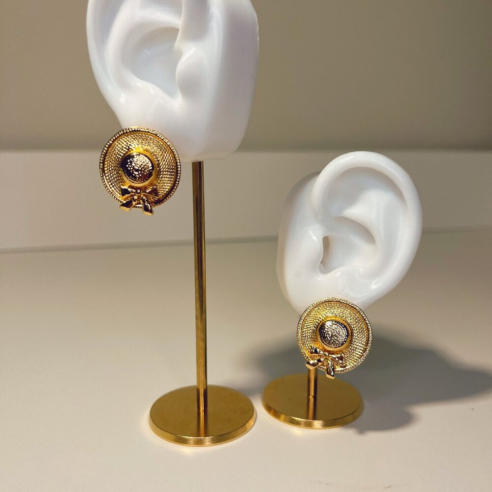 Gold Tone Straw Hat Stud Earrings | 925 Sterling Silver Posts